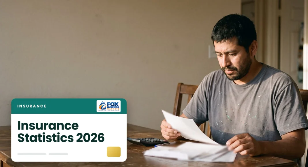 Man at a dining table reviewing insurance bills and statements, illustrating insurance statistics for 2026