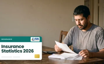 Insurance Statistics 2026: Key Numbers on Health, Life, Auto, and Home Coverage Man at a dining table reviewing insurance bills and statements, illustrating insurance statistics for 2026
