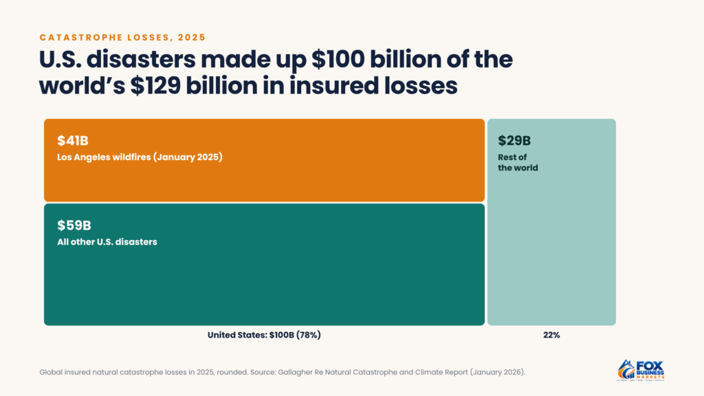 Treemap showing $129 billion in global insured catastrophe losses in 2025, with $100 billion in the U.S., including $41 billion from the Los Angeles wildfires