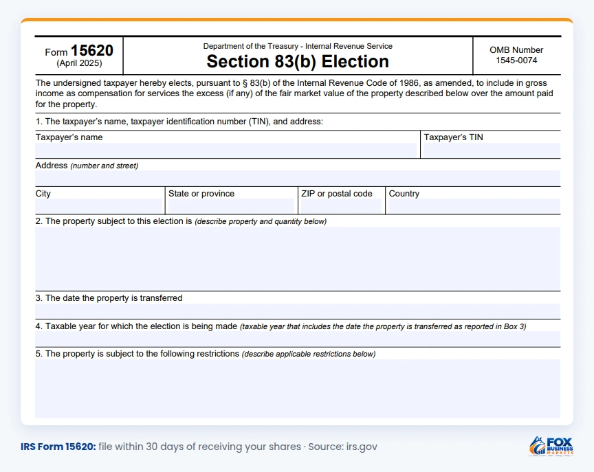 IRS Form 15620 Section 83(b) election form that startup founders must file within 30 days of receiving shares