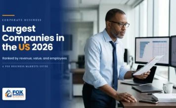 The Largest Companies in the US in 2026, Ranked Equity research analyst comparing a ranked company chart on his monitor with a printed report, illustrating the largest companies in the US