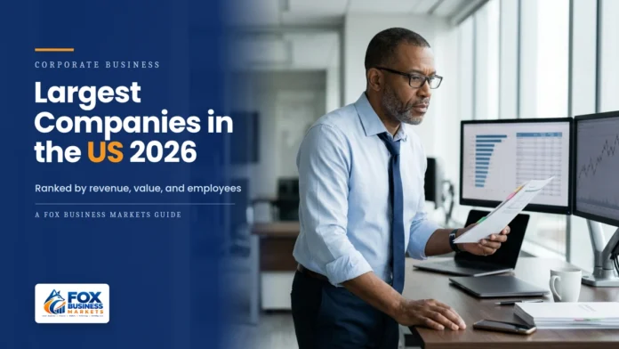 Largest Companies in the US 2026 Equity research analyst comparing a ranked company chart on his monitor with a printed report, illustrating the largest companies in the US