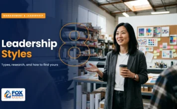 Leadership Styles: Types, Examples, and How to Find Yours Leadership styles featured image showing a manager leading a morning team huddle in a print shop
