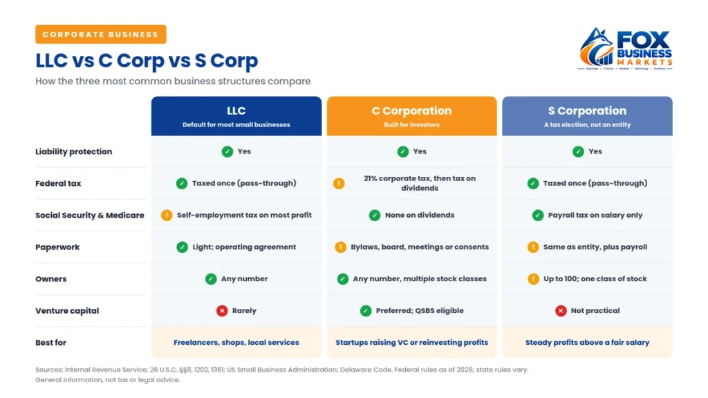 LLC vs corporation comparison chart: liability, federal tax, Social Security and Medicare, paperwork, owners, and venture capital for LLCs, C corps, and S corps