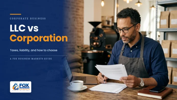 Coffee roastery co-founder reviewing business formation documents, illustrating the LLC vs corporation decision