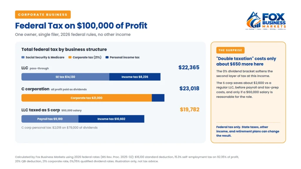 Federal tax on $100,000 of profit: LLC $22,365, C corporation $23,018, LLC taxed as S corp with a $60,000 salary $19,782