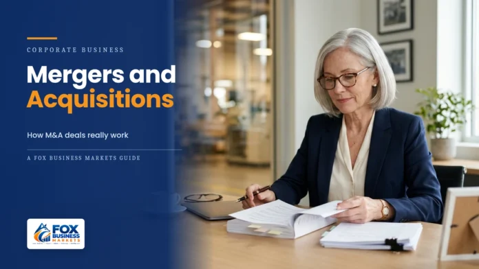 Mergers and Acquisitions Company founder reviewing a purchase agreement before selling her business, illustrating mergers and acquisitions