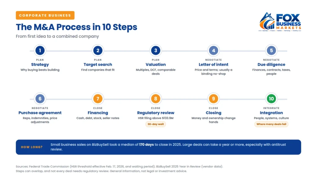 Mergers and acquisitions process in 10 steps: strategy, target search, valuation, letter of intent, due diligence, purchase agreement, financing, regulatory review, closing, integration