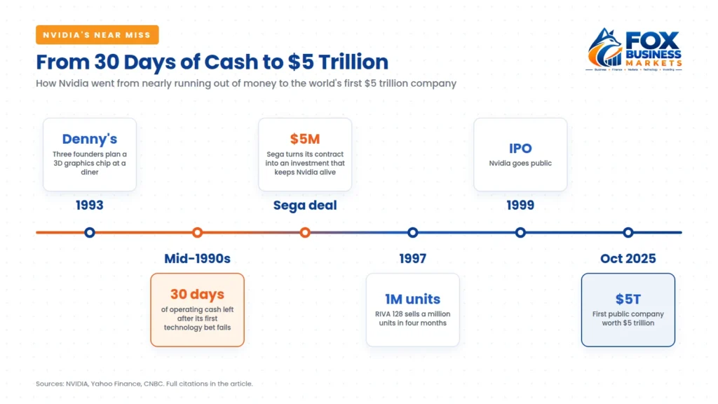 Timeline of Nvidia's history: founded at a Denny's in 1993, down to 30 days of operating cash in the mid-1990s, saved by a $5 million Sega investment, sold 1 million RIVA 128 chips in four months in 1997, went public in 1999, and became the first public company worth $5 trillion in October 2025.