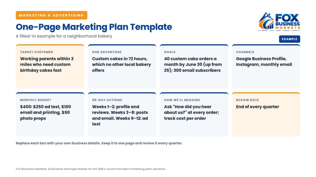 One-page marketing plan template example for a bakery, showing how to create a marketing plan with goals, channels, budget, and actions