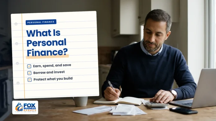 What Is Personal Finance planning: man writing a monthly budget in a notebook at his kitchen table with a calculator and bills