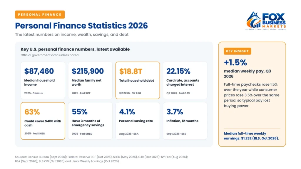 Personal finance statistics 2026: median income $87,460, net worth $215,900, household debt $18.8 trillion, and more