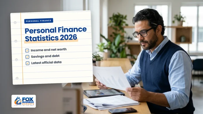 Personal finance statistics 2026: analyst reviewing printed charts and a tablet of US household finance data