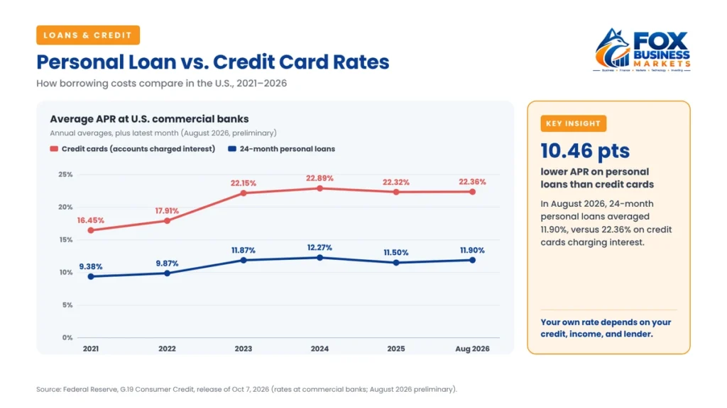 How to get a personal loan: average personal loan rate of 11.90% vs 22.36% credit card rate in the US, 2021–2026