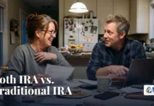 Roth IRA vs. Traditional IRA: Which One Should You Choose in 2026? Roth IRA vs traditional IRA: couple in their 50s laughing while reviewing retirement statements at their kitchen table