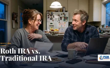 Roth IRA vs. Traditional IRA: Which One Should You Choose in 2026? Roth IRA vs traditional IRA: couple in their 50s laughing while reviewing retirement statements at their kitchen table