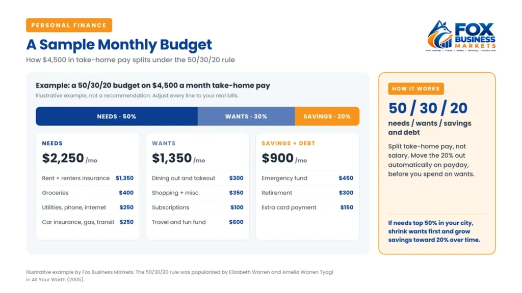 How to make a budget: sample 50/30/20 monthly budget splitting $4,500 take-home pay into needs, wants, and savings