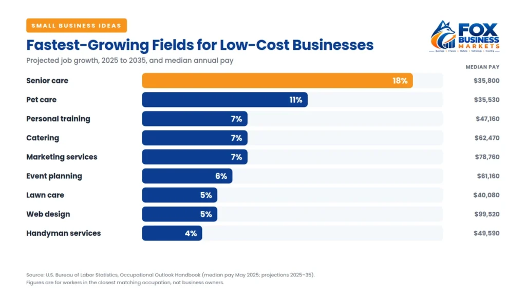Small business ideas chart showing the fastest-growing fields, led by senior care at 18% projected job growth