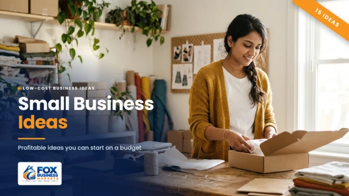 Small Business Ideas: Profitable Ideas With Low Startup Costs Small business ideas featured image showing a home-based online store owner packing an order in her studio