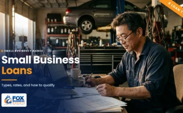 Small Business Loans: Types, Rates, and How to Qualify Small business loans featured image showing an auto repair shop owner reviewing loan paperwork at his desk