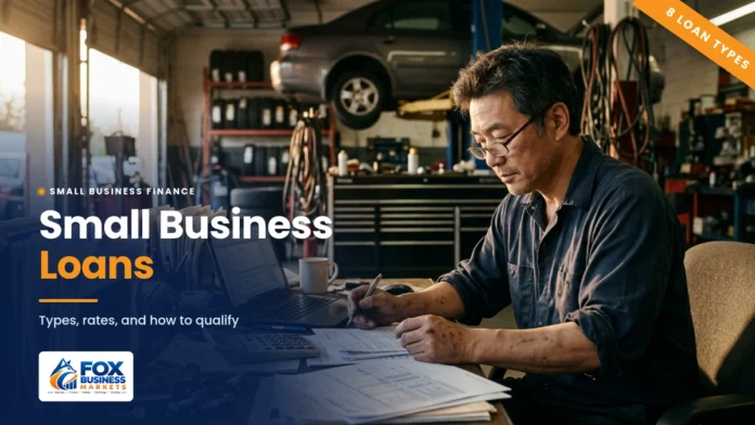 Small Business Loans: Types, Rates, and How to Qualify Small business loans featured image showing an auto repair shop owner reviewing loan paperwork at his desk