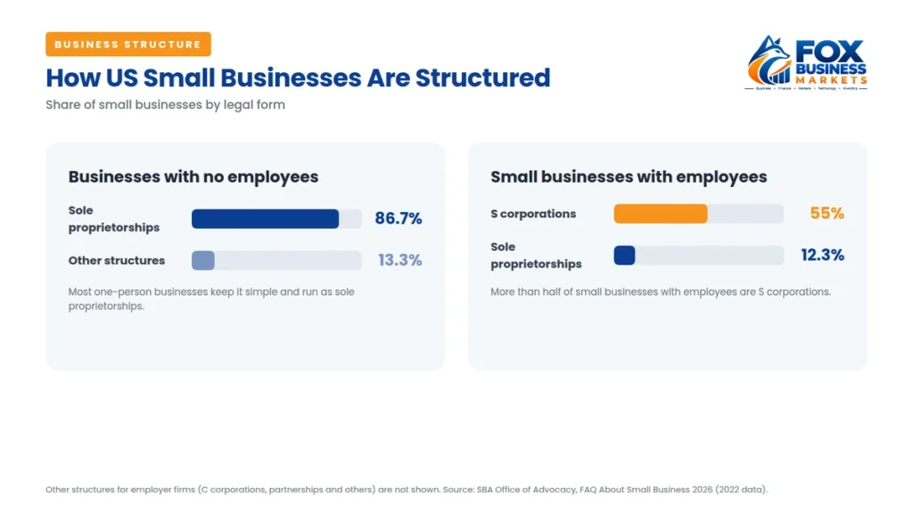Small business structure chart showing 86.7% of businesses without employees are sole proprietorships and 55% of small employer firms are S corporations