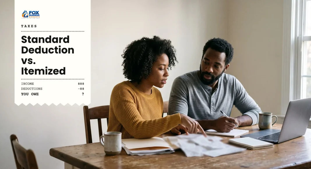 Couple sorting receipts at a dining table to compare the standard deduction vs itemized deductions