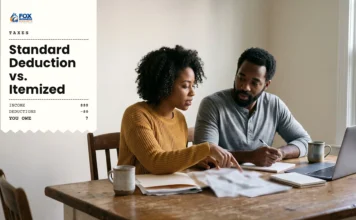 Standard Deduction vs. Itemized Deductions: Which Saves You More in 2026? Couple sorting receipts at a dining table to compare the standard deduction vs itemized deductions