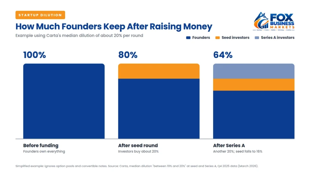 Startup founder dilution chart showing founders owning 80% after a seed round and 64% after Series A