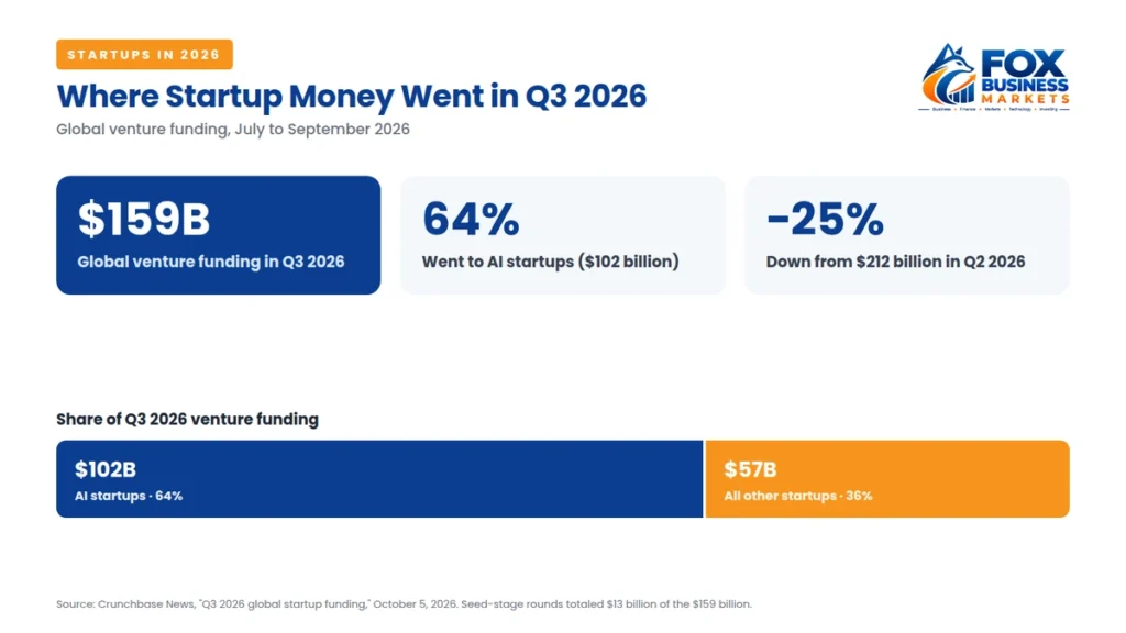 Startup funding Q3 2026 chart showing $159 billion in global venture funding with 64% going to AI startups