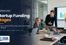 Startup Funding Stages: 7 Rounds Made Easy Startup funding stages featured image showing a founder presenting growth results to investors in a meeting room