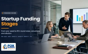 Startup Funding Stages: 7 Rounds Made Easy Startup funding stages featured image showing a founder presenting growth results to investors in a meeting room