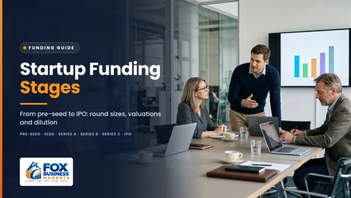 Startup Funding Stages Featured Image Startup funding stages featured image showing a founder presenting growth results to investors in a meeting room