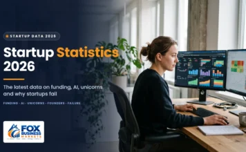 Startup Statistics 2026: 30+ Facts on Funding and Failure Startup statistics 2026 featured image showing an analyst reviewing funding and growth data dashboards on two monitors