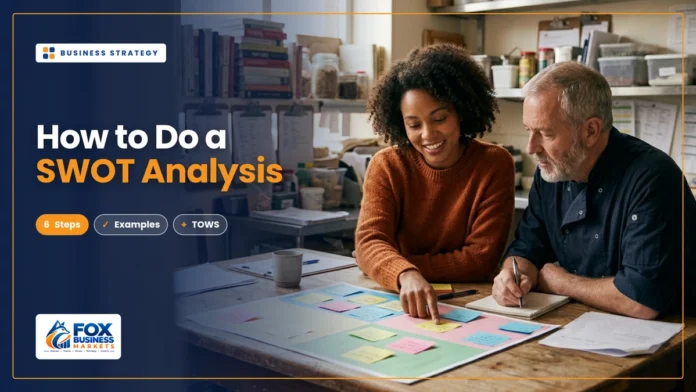 SWOT Analysis: What It Is, How to Do It, and Examples SWOT analysis featured image showing two restaurant co-owners mapping strengths, weaknesses, opportunities, and threats with sticky notes