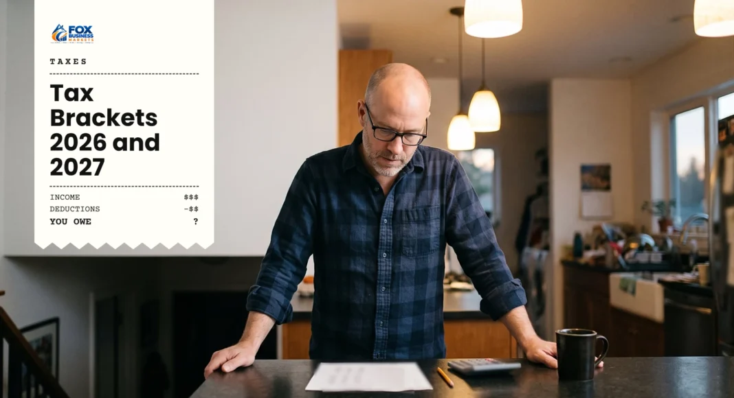 Man standing at a kitchen island with a calculator, reviewing his 2026 tax brackets on a printed sheet