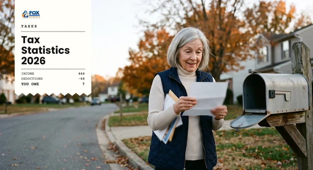 Tax Statistics 2026 Woman reading a tax refund letter at her mailbox, illustrating tax statistics for 2026