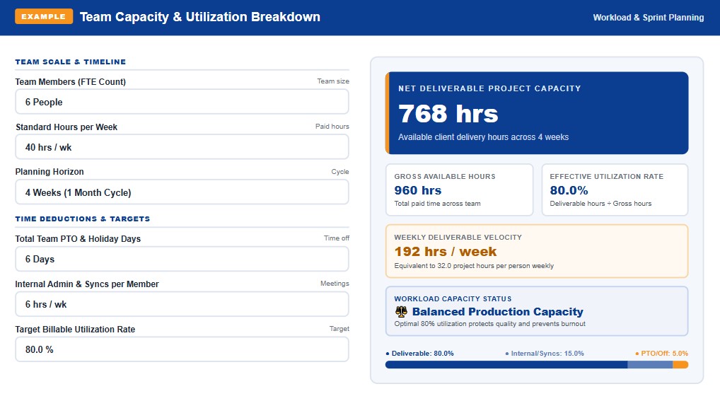 Team capacity calculator worked example showing net project hours, utilization rate, and weekly delivery velocity