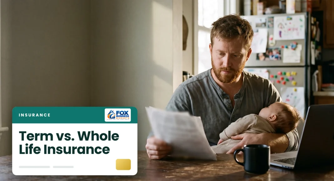 Father holding a sleeping baby while reading life insurance papers at a kitchen table
