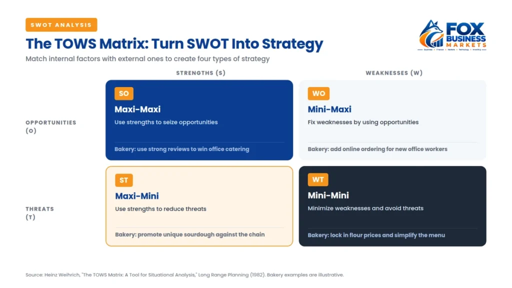 TOWS matrix showing how to turn a SWOT analysis into SO, WO, ST, and WT strategies