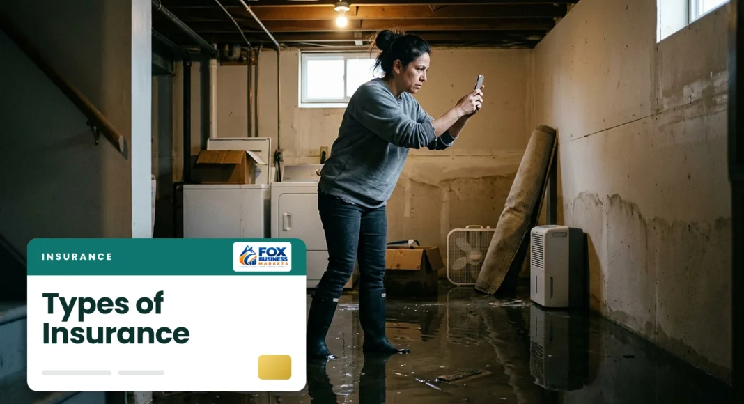 Types of insurance: woman photographing a flooded basement on her phone to document damage for an insurance claim