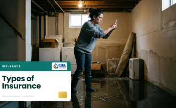 Types of Insurance: The Coverage You Need and What It Costs in 2026 Types of insurance: woman photographing a flooded basement on her phone to document damage for an insurance claim