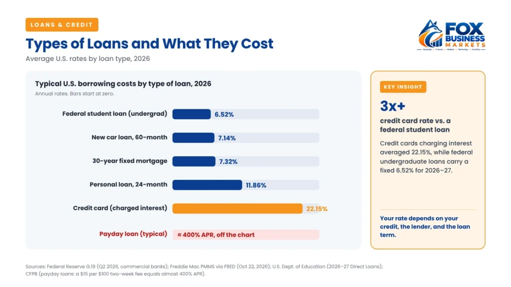 Types of loans and what they cost in 2026: US rates from 6.52% on federal student loans to 22.15% on credit cards