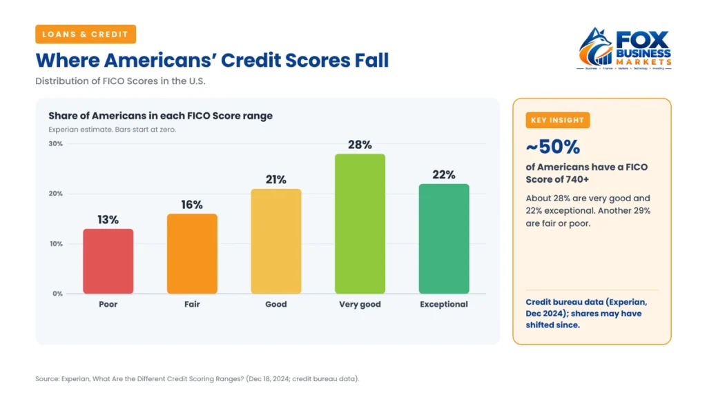 Share of Americans in each FICO Score range: 13% poor, 16% fair, 21% good, 28% very good, 22% exceptional