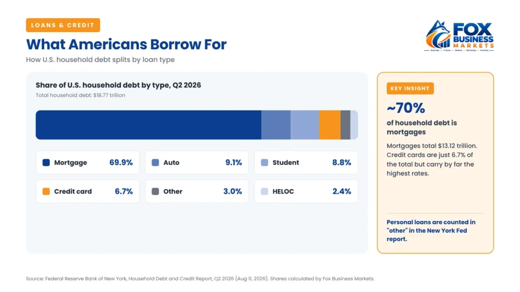 Share of US household debt by loan type in Q2 2026: mortgages 69.9%, auto 9.1%, student 8.8%, credit cards 6.7%