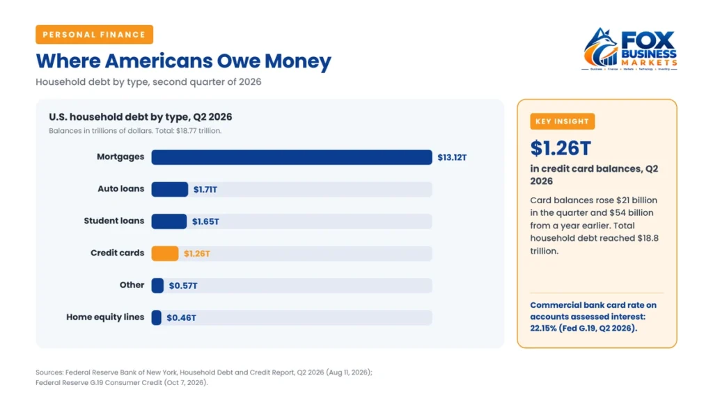 US household debt by type in Q2 2026, led by mortgages at $13.12 trillion and credit cards at $1.26 trillion