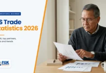 US Trade Statistics 2026: Deficit, Top Partners, Tariffs and Trends US trade statistics: trade consultant reviewing printed charts of US import and export data at his desk