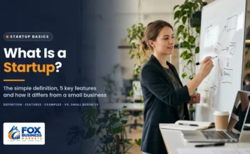 What Is a Startup? Startup vs. Small Business Explained What is a startup featured image showing a founder sketching a business model on a whiteboard in a co-working space