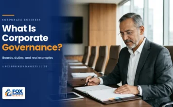 What Is Corporate Governance? How Companies Are Really Run Independent board chair reviewing a board meeting packet in a company boardroom, illustrating corporate governance