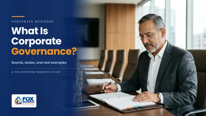 What Is Corporate Governance? Independent board chair reviewing a board meeting packet in a company boardroom, illustrating corporate governance